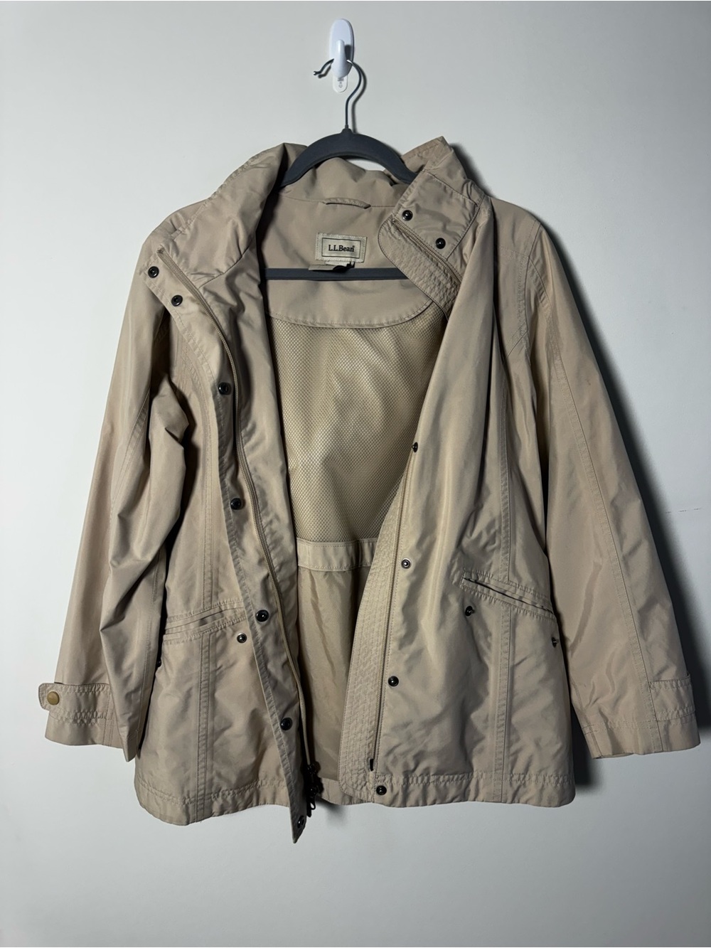 LL BEAN Neutral Tan Heavyweight Rain Coat Zip Up with Removable Hood - Picture 2 of 8